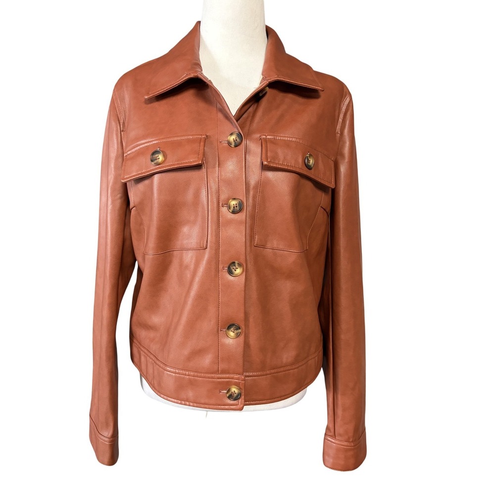 Bagatelle Collection Jacket Womens Medium Brown Faux Leather Lined Button Front